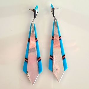Vintage Sterling Silver Native American Zuni Turquoise Inlay Dangle Earrings